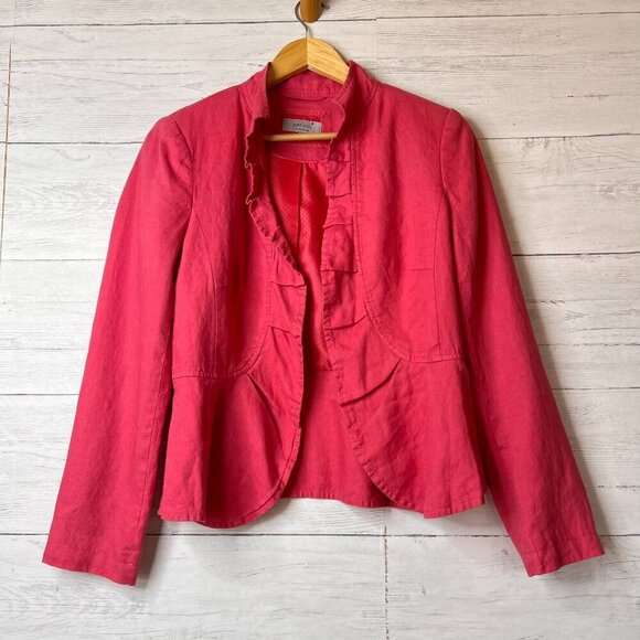 Per Una Blazer Womens Size 10 Faded Pink 100% Flax Linen Ruffles Jacket Natural - Picture 1 of 16